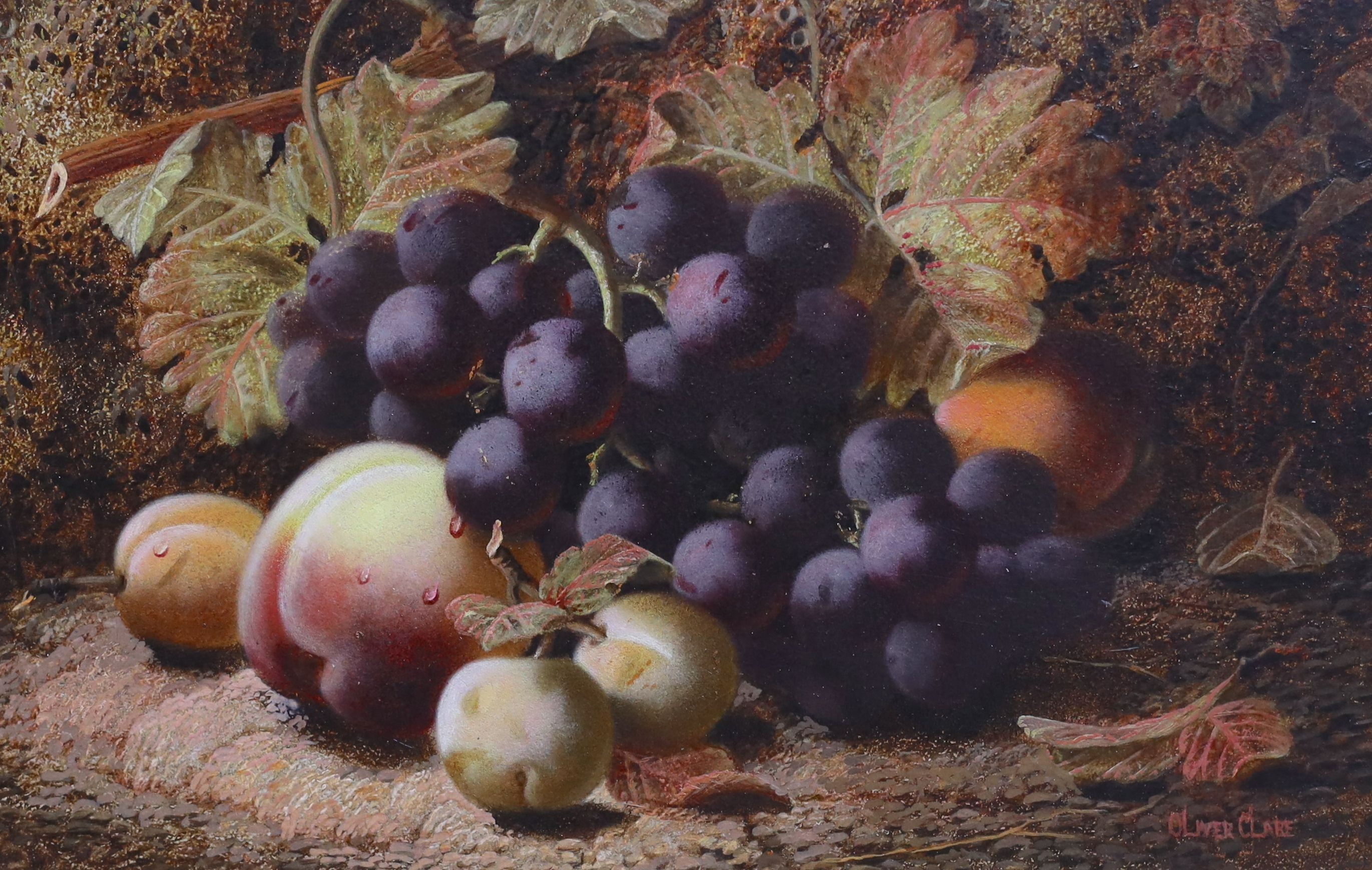 Oliver Clare (1853-1927), Still lifes of grapes, a peach and greengages and apples, plums and strawberries, oil on board, a pair, 19 x 29cm